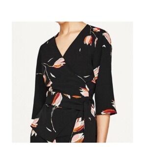 Zara Basic Collection Black Floral Print Wrap‎ Top Blouse Medium